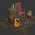 Rustic Wooden Rocking Chair with Wooden Barrel Lantern Acoustic Guitar and Potted Plant on Rug
