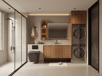 Modern Bathroom Interior With Glass Shower Toilet Vanity Wooden Cabinets And Washing Machine Dryer 3d model
