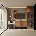 Modern Bathroom Interior With Glass Shower Toilet Vanity Wooden Cabinets And Washing Machine Dryer