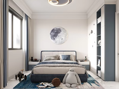 Modern Warm Kids Room Interior Design With Moon Wall Art Bed Bookshelf And Plush Toy 3d model