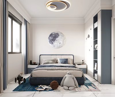 Modern Warm Kids Room Interior Design With Moon Wall Art Bed Bookshelf And Plush Toy 3d model