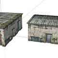 Two Old Weathered Brick Buildings With Corrugated Metal Roofs And Wooden Doors