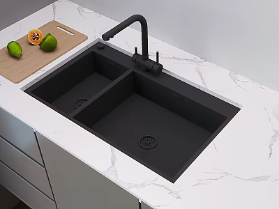 Black Kitchen Faucet Over Double Bowl Sink On Marble Countertop With Cutting Board And Fruits 3d model