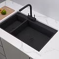 Black Kitchen Faucet Over Double Bowl Sink On Marble Countertop With Cutting Board And Fruits
