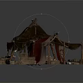Medieval Market Stall With Wooden Frame Red Cloth Canopy Display Tables And Crate Boxes
