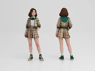Woman In Plaid Skirt With Green Top White Collar And Green Shoes 3d model