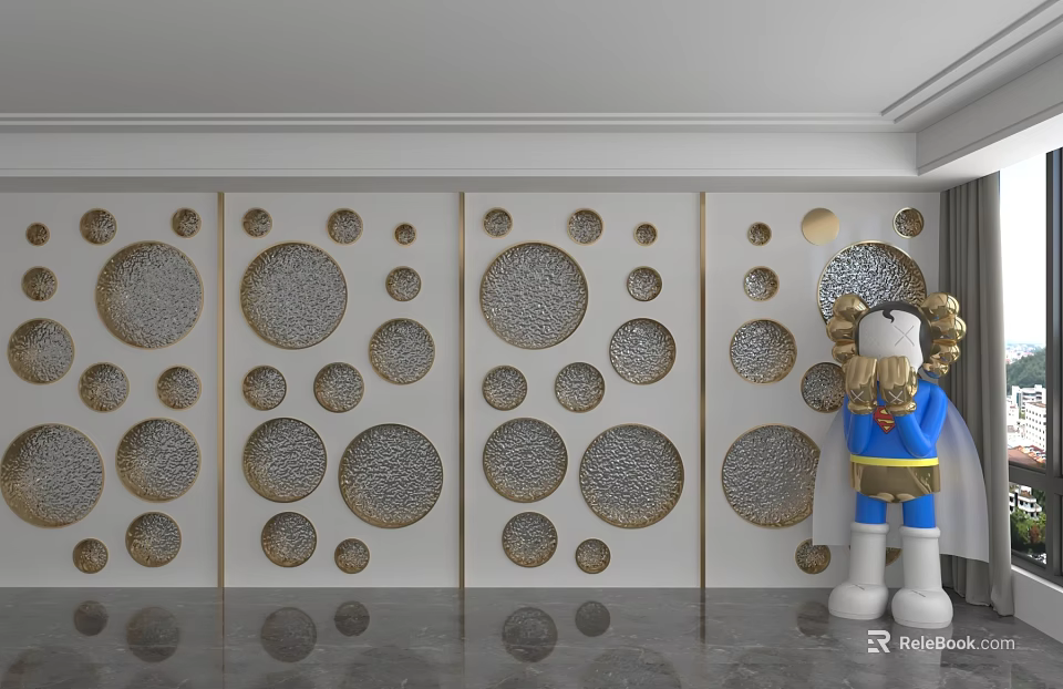 Modern Interior Background Wall With Gold Circular Hollow Patterns White Base And Cartoon Figure 3d model