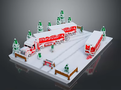 Coca Cola Trucks In Snowy Christmas Scene With Trees And Decorations 3d model