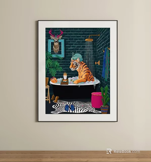 Tiger Taking Bath in Bathtub with Brick Wall Green Plants and Zebra Rug 3d model 