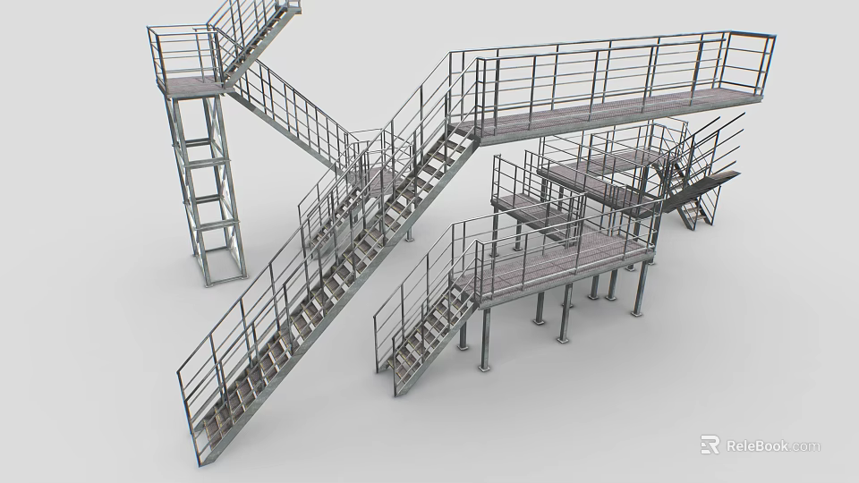 Industrial Metal Stairs with Multiple Connected Platforms Railings and Steel Structure 3d model 