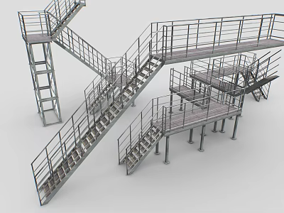 Industrial Metal Stairs with Multiple Connected Platforms Railings and Steel Structure 3d model