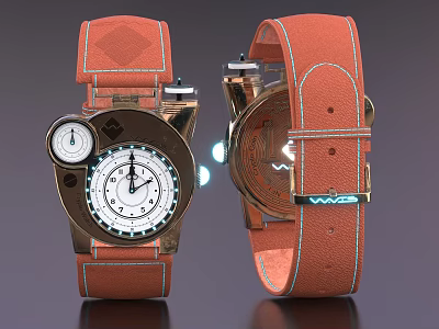Stylish Wristwatch With Orange Leather Strap Metallic Case And Modern Dial Design 3d model