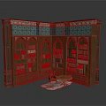 Antique Decorative Wooden Corner Bookshelf Architecture With Arched Details Stacked Books And Small Chair