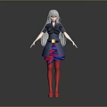 3D Anime Character With Gray Long Hair Red Eyes And Blue Outfit On Dark Background