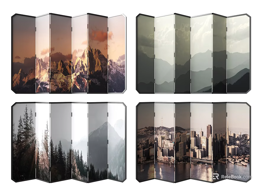 Decorative Room Divider Screens With Mountain Forest City Sunset Scenic Prints 3d model 