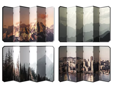 Decorative Room Divider Screens With Mountain Forest City Sunset Scenic Prints 3d model