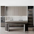 Modern Kitchen Interior With Marble Countertop Wooden And Glass Door Cabinets