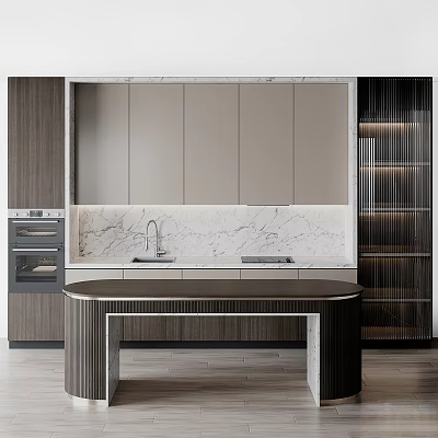 Modern Kitchen Interior With Marble Countertop Wooden And Glass Door Cabinets 3d model
