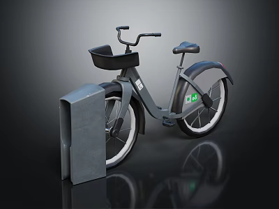 Gray City Bicycle With Front Basket Parking Stand And Green Logo 3d model
