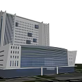 Modern Office Building Featuring Glass Curtain Walls Tall Symmetrical Structure Spacious Entrance and Multiple Floors