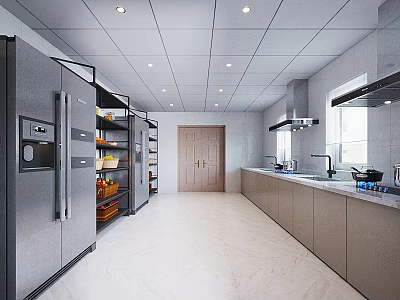 Modern Commercial Kitchen Interior With Large Refrigerator Open Shelves Long Countertop And Cabinets 3d model