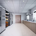 Modern Commercial Kitchen Interior With Large Refrigerator Open Shelves Long Countertop And Cabinets