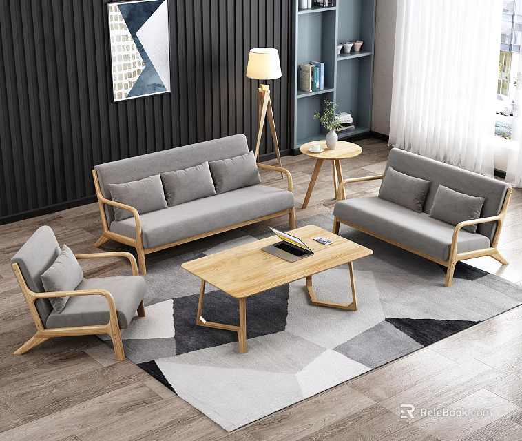 Modern Gray Sofa and Wooden Coffee Table Set With Geometric Rug and Floor Lamp 3d model 