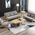 Modern Gray Sofa and Wooden Coffee Table Set With Geometric Rug and Floor Lamp