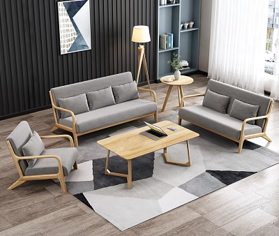 Modern Gray Sofa and Wooden Coffee Table Set With Geometric Rug and Floor Lamp 3d model