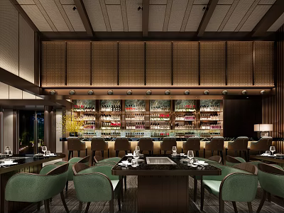 Elegant Hotpot Restaurant Interior With Dining Tables Green Chairs And Wine Display Shelves 3d model