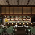 Elegant Hotpot Restaurant Interior With Dining Tables Green Chairs And Wine Display Shelves