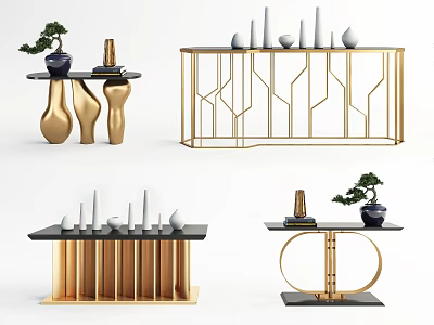 Modern Console Table With Golden Geometric Frame Black Top Bonsai And Vases 3d model