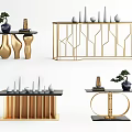 Modern Console Table With Golden Geometric Frame Black Top Bonsai And Vases