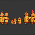 Cartoon Chick Characters in Yellow Outfits Red Combs Holding Walking Canes Gray Background Reflections