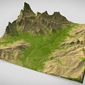 Scenic Mountain Range With Sharp Peaks Green Grasslands And Winding Paths 3d model