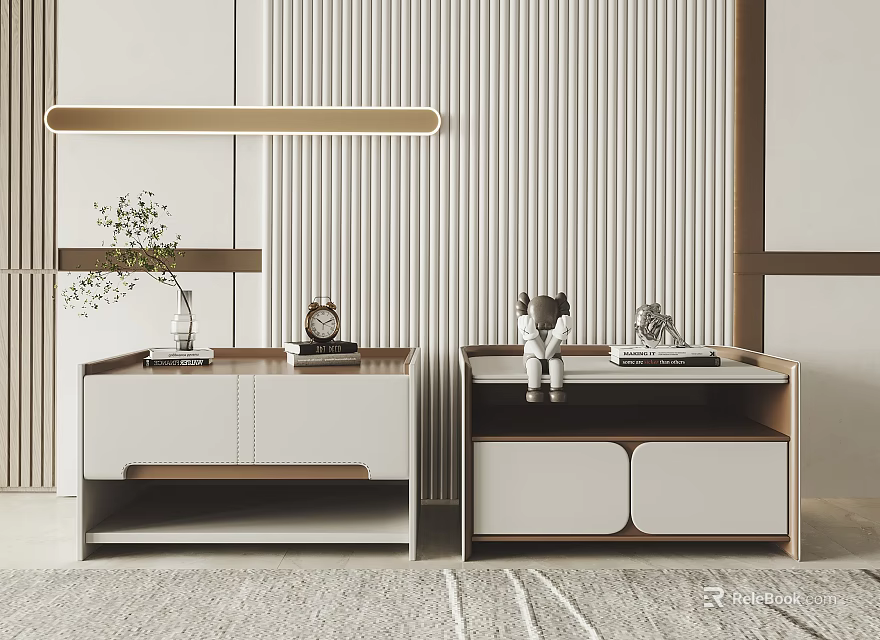 Modern Bedside Tables With Minimalist Design And Decorative Accents On Striped Wall Background 3d model 