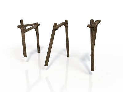 Three Rustic Wooden Stands With Crossed Beam Design On White Background 3d model