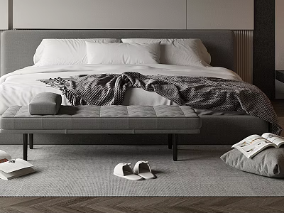 Modern Double Bed With Grey Headboard White Pillows Soft Blanket Bench And Herringbone Carpet 3d model