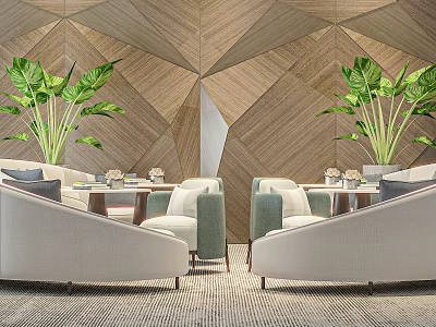 Contemporary Sofa And Coffee Table Set With Green Plants And Geometric Wooden Wall Design 3d model