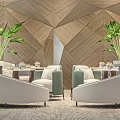 Contemporary Sofa And Coffee Table Set With Green Plants And Geometric Wooden Wall Design