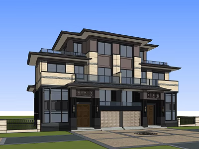 Semi Detached Villa Modern Exterior Design With Large Glass Windows And Balconies 3d model