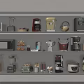 Various Modern Kitchen Appliances Displayed On Shelves Including Blender Coffee Maker Microwave And Toaster