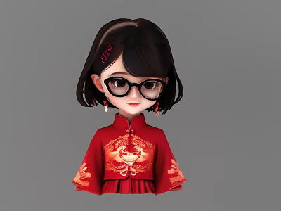 Cartoon Game Film Character With Short Black Hair Wearing Red Traditional Outfit And Gold Patterns 3d model