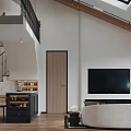 Modern Living Dining Room With Arched Bookshelves White Sofa Round Coffee Table Skylight And Wooden Flooring