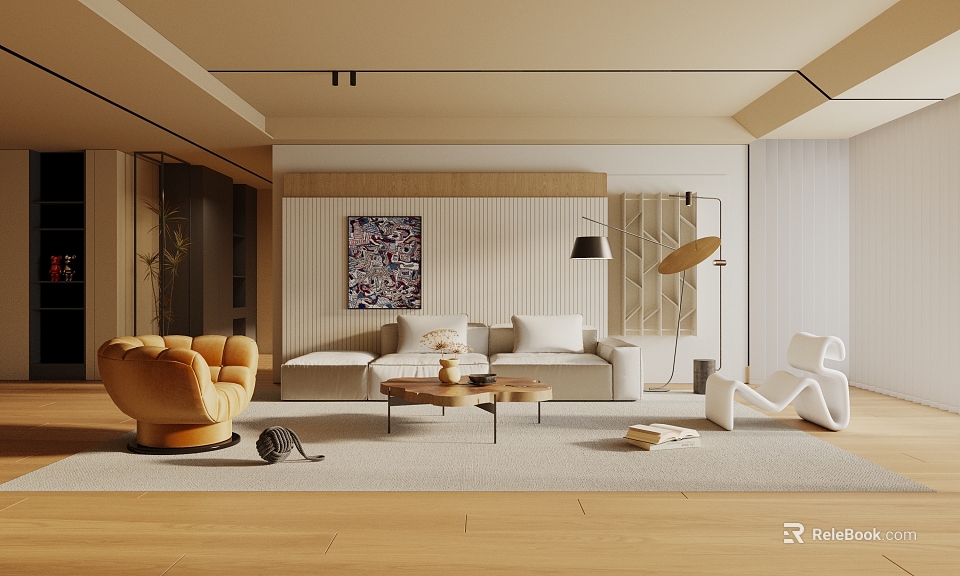 Modern Living Room Interior Design With Beige Sofa Amber Armchair Coffee Table And Abstract Painting 3d model 