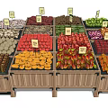 Wooden Display Shelves with Fresh Fruits Vegetables and Price Tags in Market