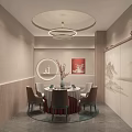 Elegant Private Dining Room With Round Table Large Windows Overlooking Misty Mountain View And Curtains 3d model