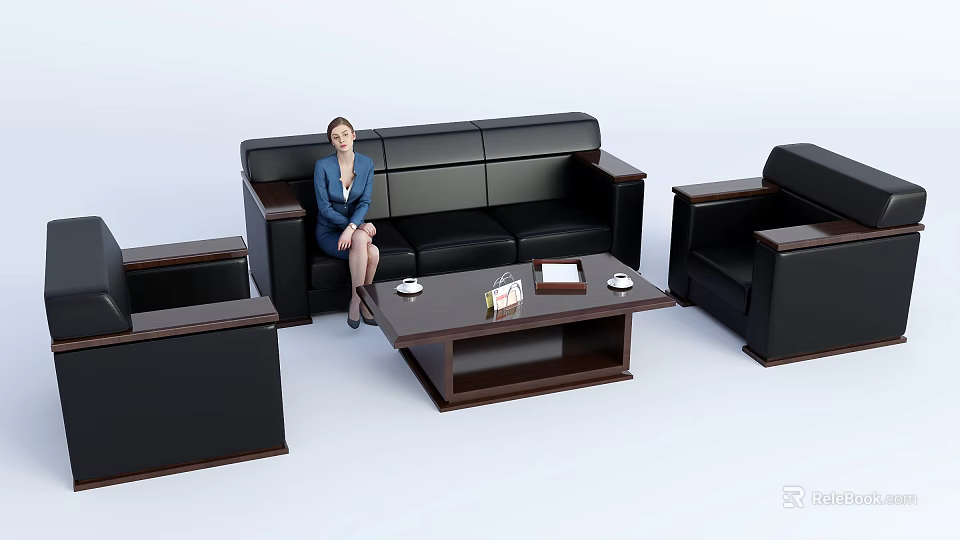 Modern Black Sofa and Coffee Table Set with Armchairs Coffee Cups and Notebook 3d model