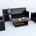 Modern Black Sofa and Coffee Table Set with Armchairs Coffee Cups and Notebook 3d model