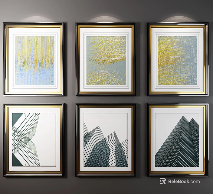 Six Framed Abstract Wall Art Pieces With Yellow Blue Lines And Black White Geometric Patterns 3d model 